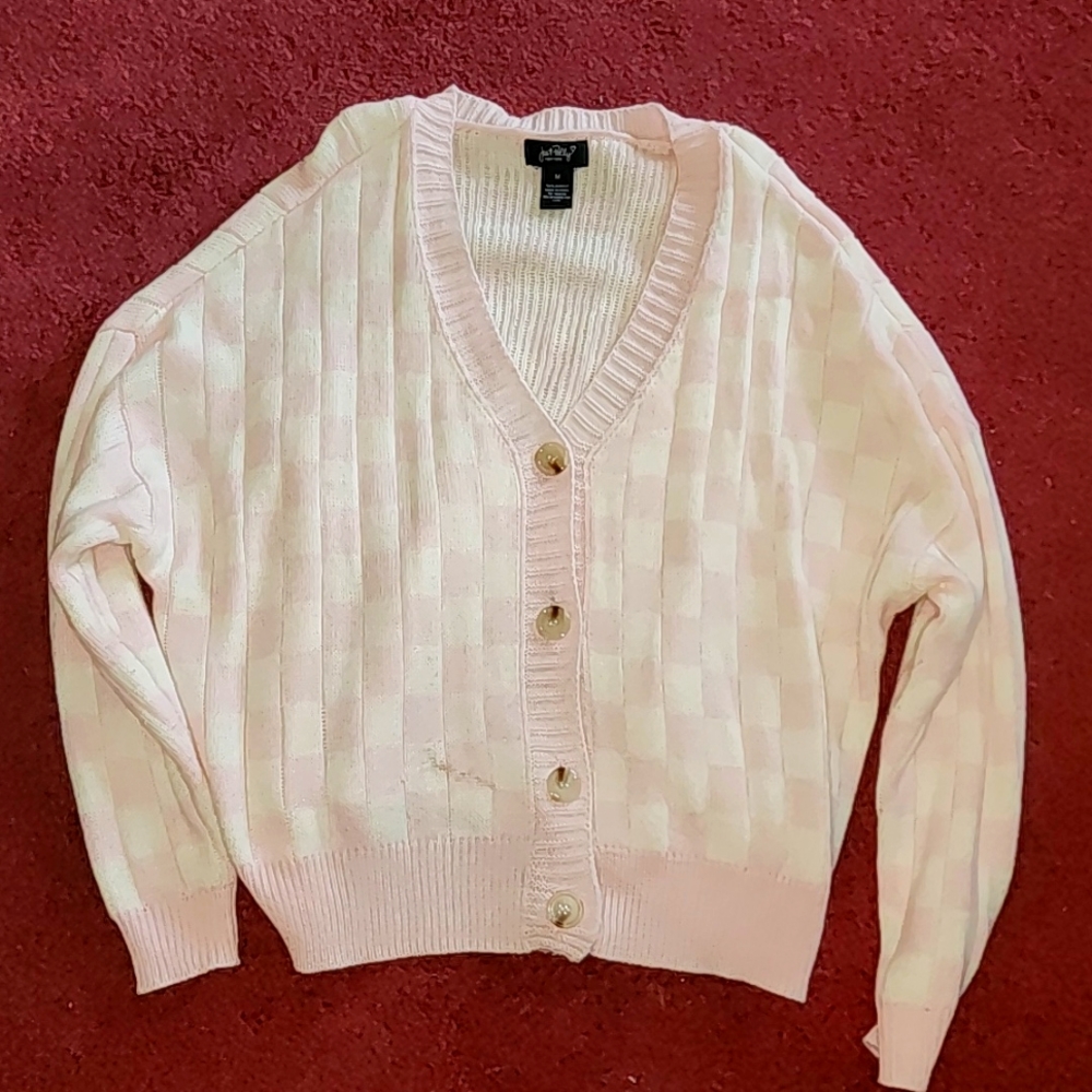 Comfy pink and white checkered cardigan sweater by Just Polly NY, medium